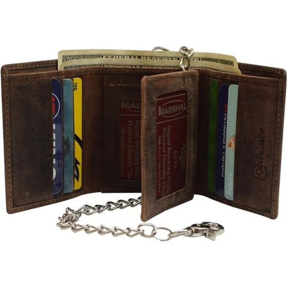 Genuine Leather Classic Trifold Wallet (Brown with Chain) - Picture 3 of 7